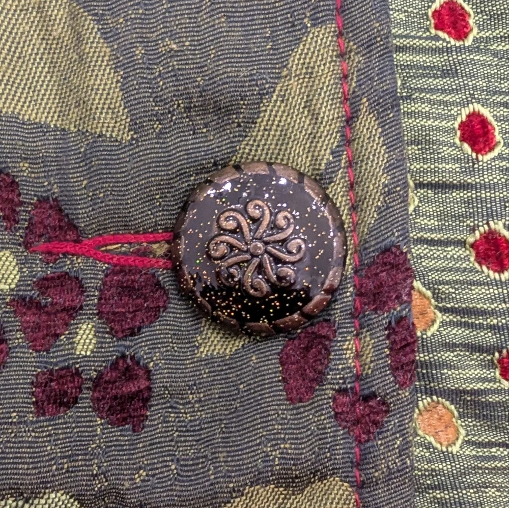 GUC Neslay Paris Women Sz S Jacquard Long Blazer Jacket Black Green Floral Fairy - Picture 7 of 11